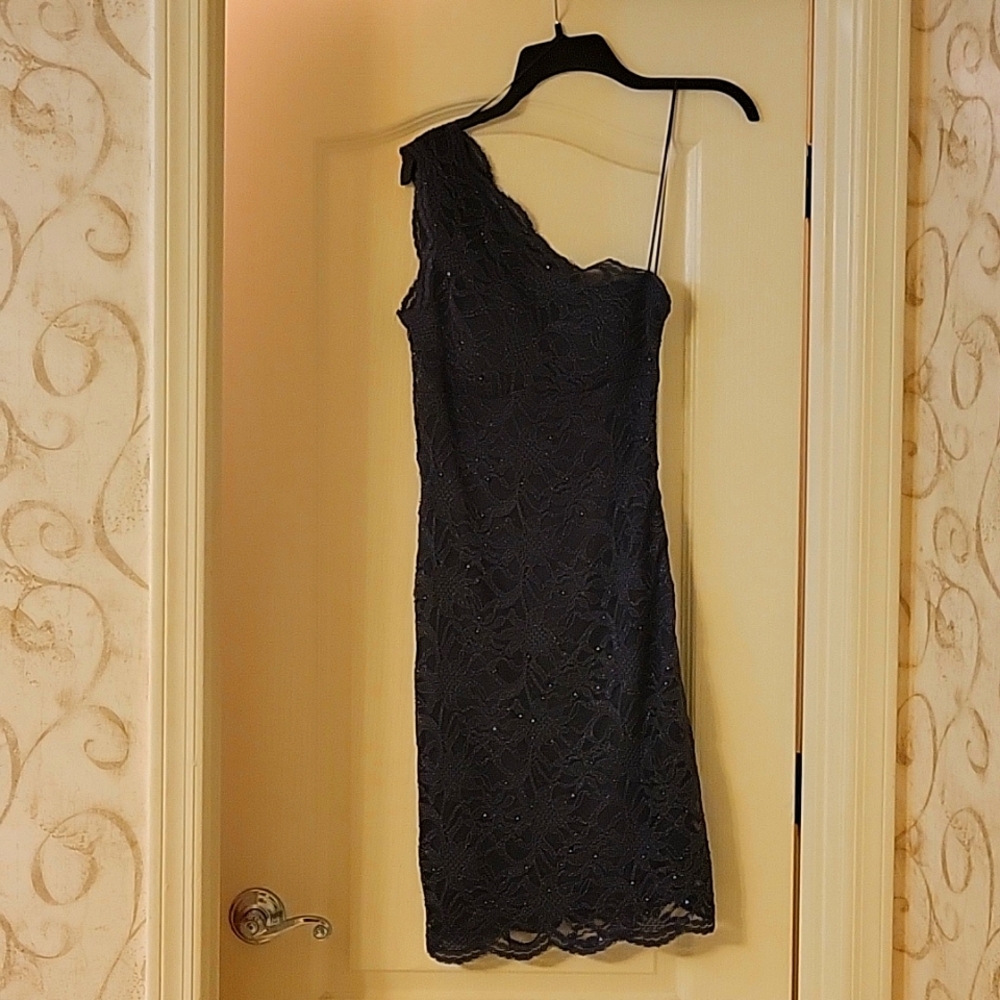 Blue one shoulder flower embossed dress,  size 7 fits like a 5.